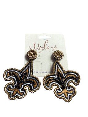Viola Fleur De Lis Goldtone Black White Seed Beads 2.5 inches New